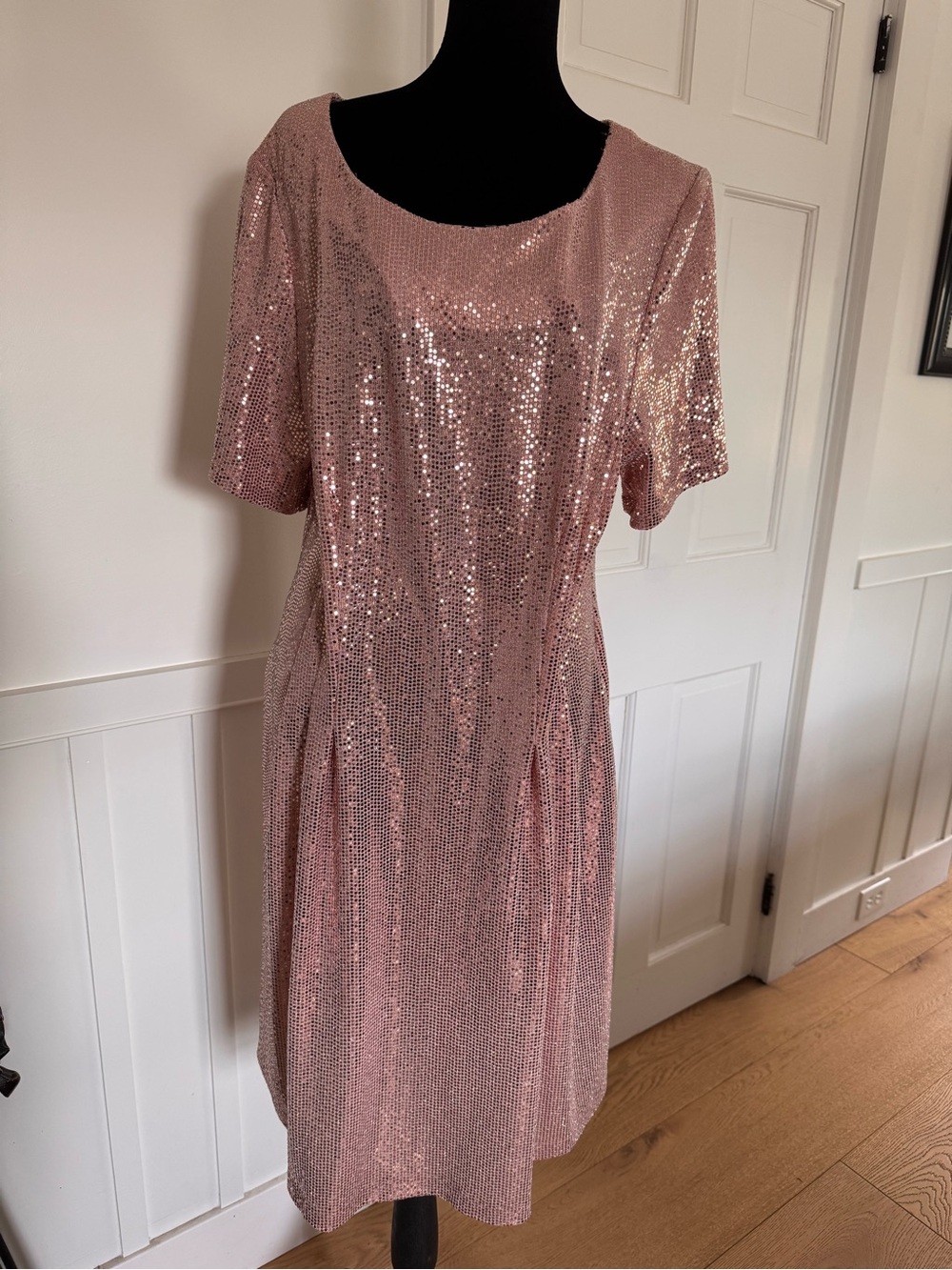 Connected Apparel Rose Pink Sequin Scoop Neck Midi Dress NWT